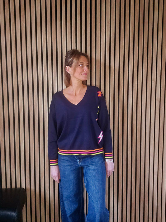 Pull col v éclairs Flash bleu marine