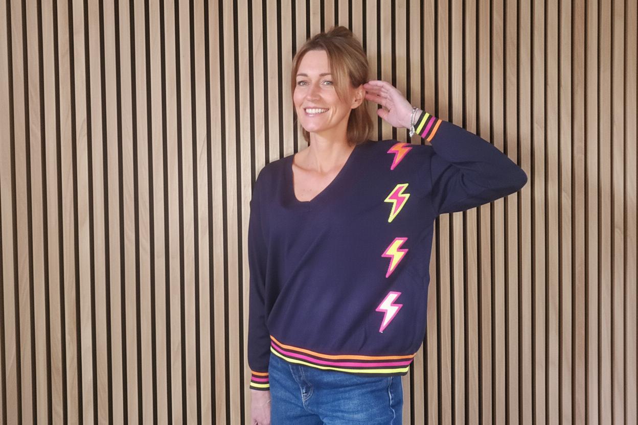 Pull col v éclairs Flash bleu marine