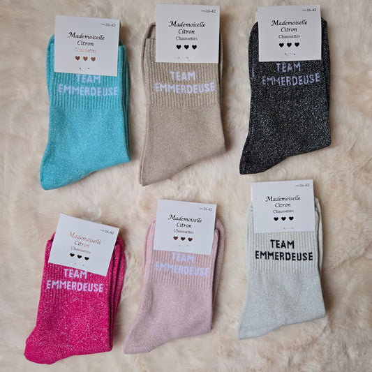 Chaussettes à paillettes "Team emmerdeuse" argentée