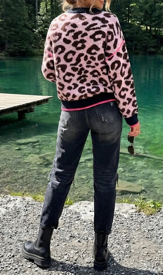 PULL COL ROND MOTIF LÉOPARD 🐆 rose