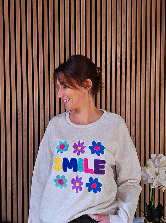 Sweat "Smile" fleurs. Beige chiné