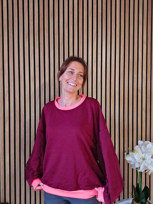 Sweat bicolore. Bordeaux et rose fluo