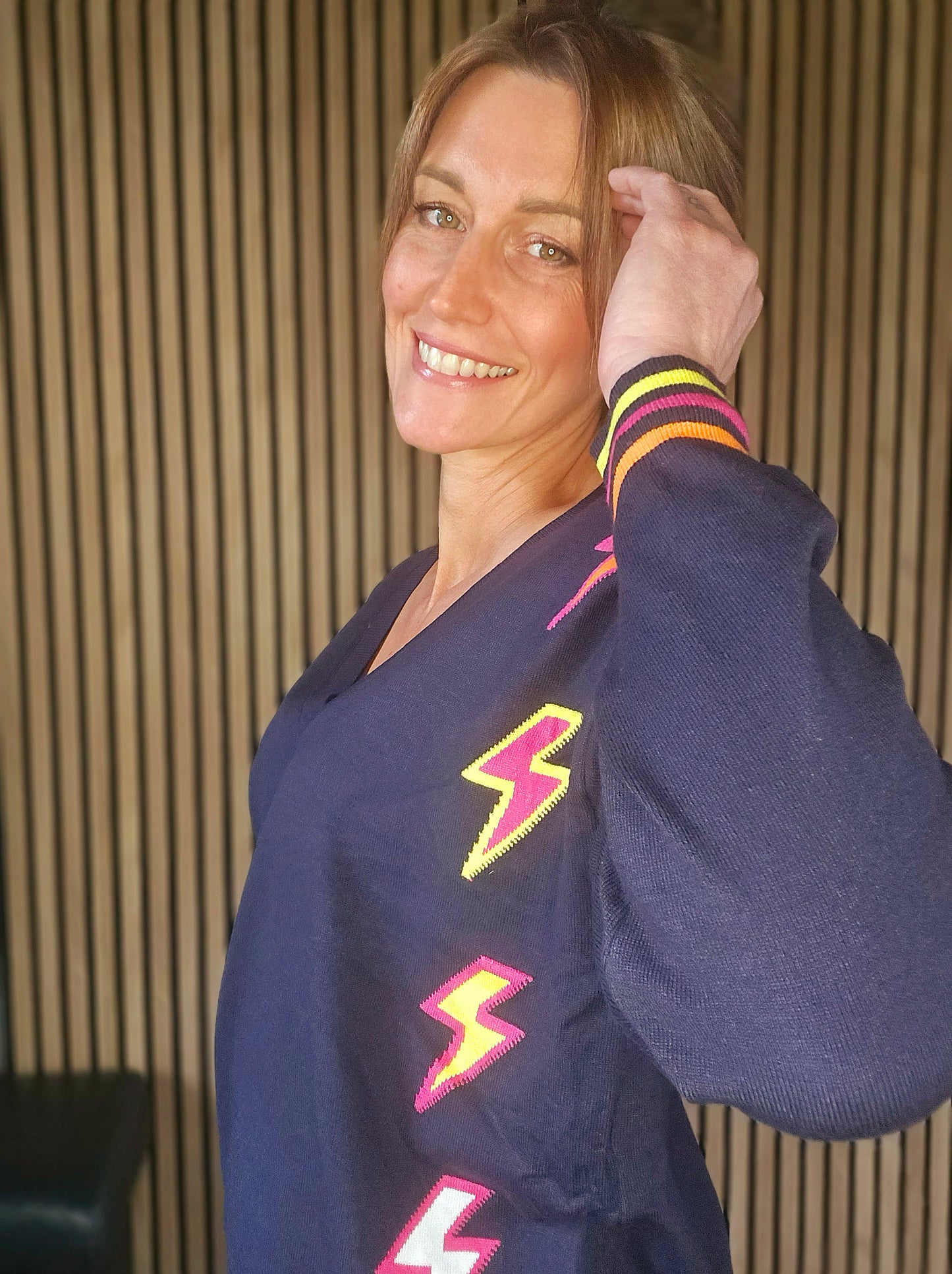 Pull col v éclairs Flash bleu marine