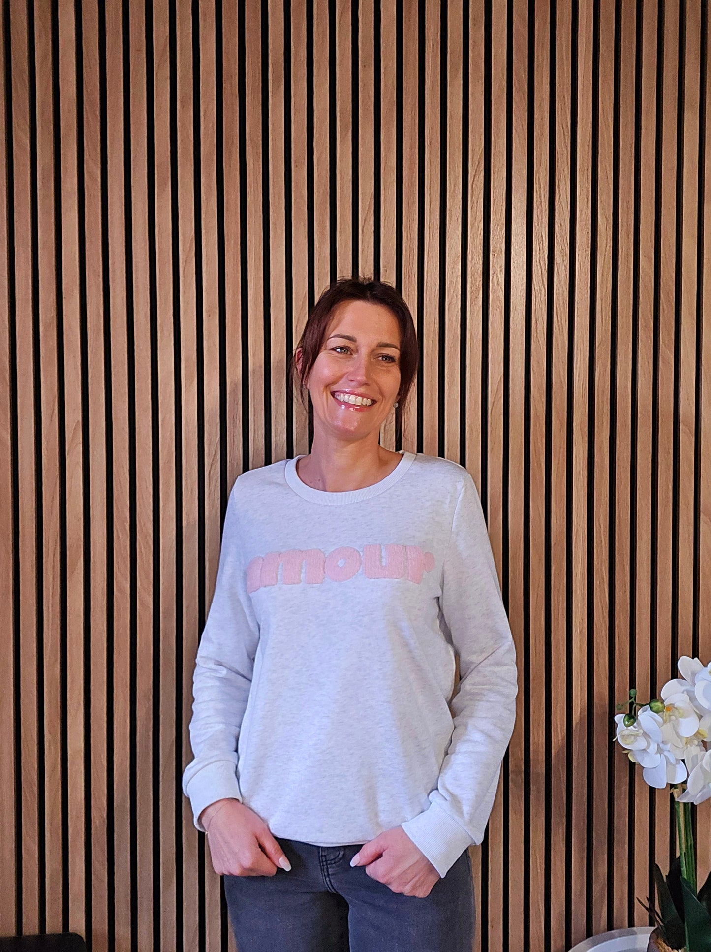 Sweat "Amour". Gris clair-rose clair