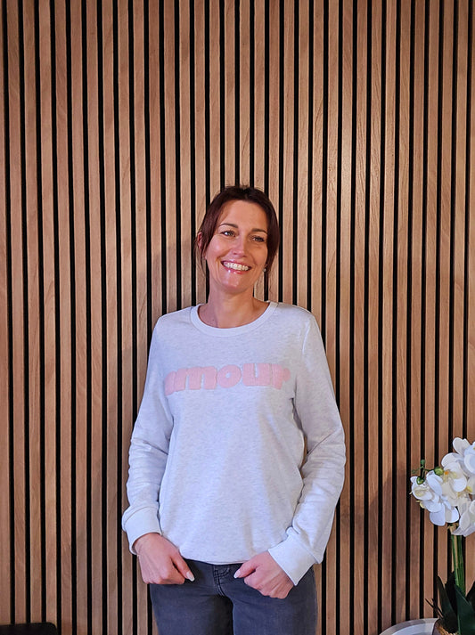 Sweat "Amour". Gris clair-rose clair