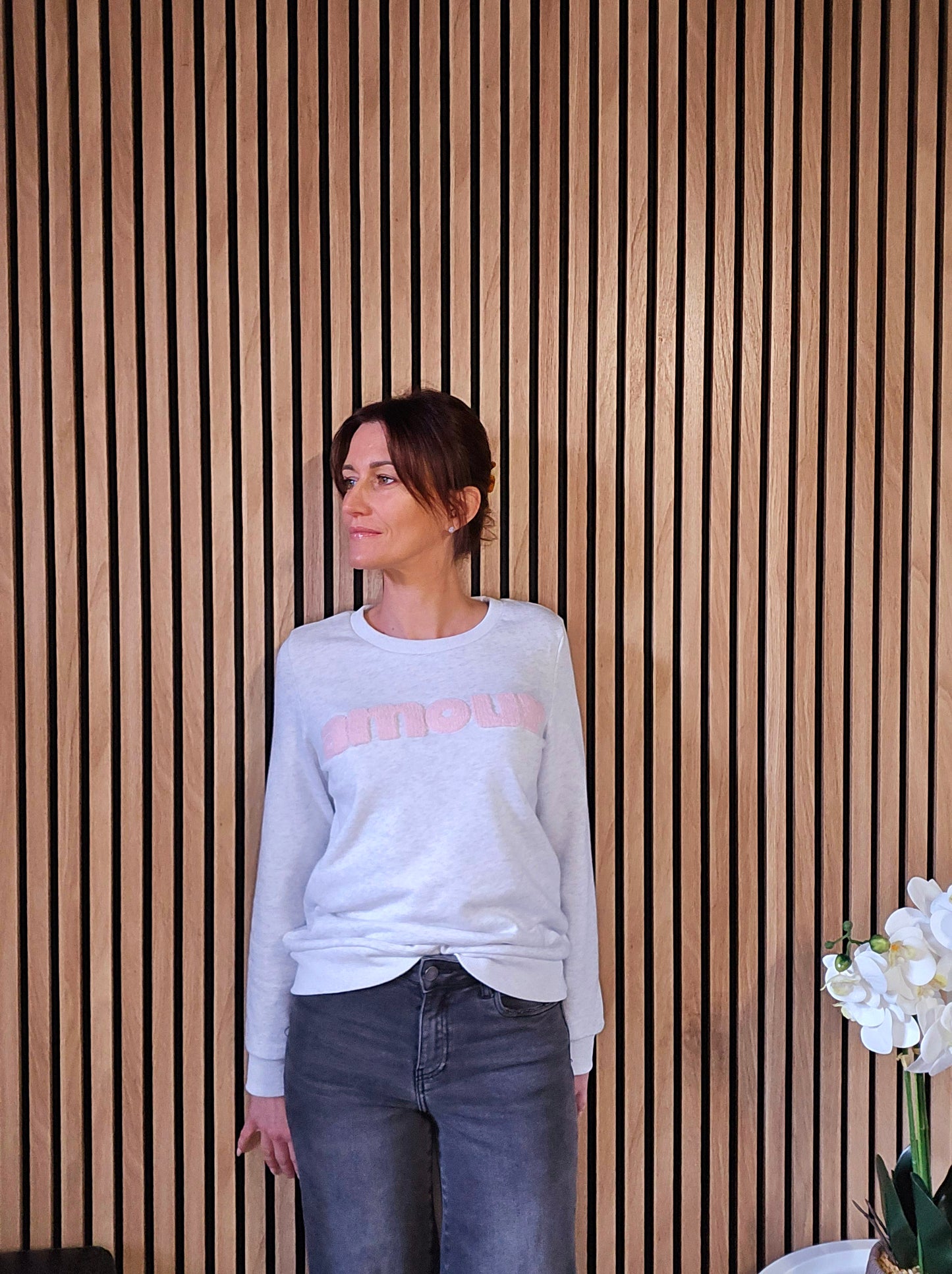Sweat "Amour". Gris clair-rose clair