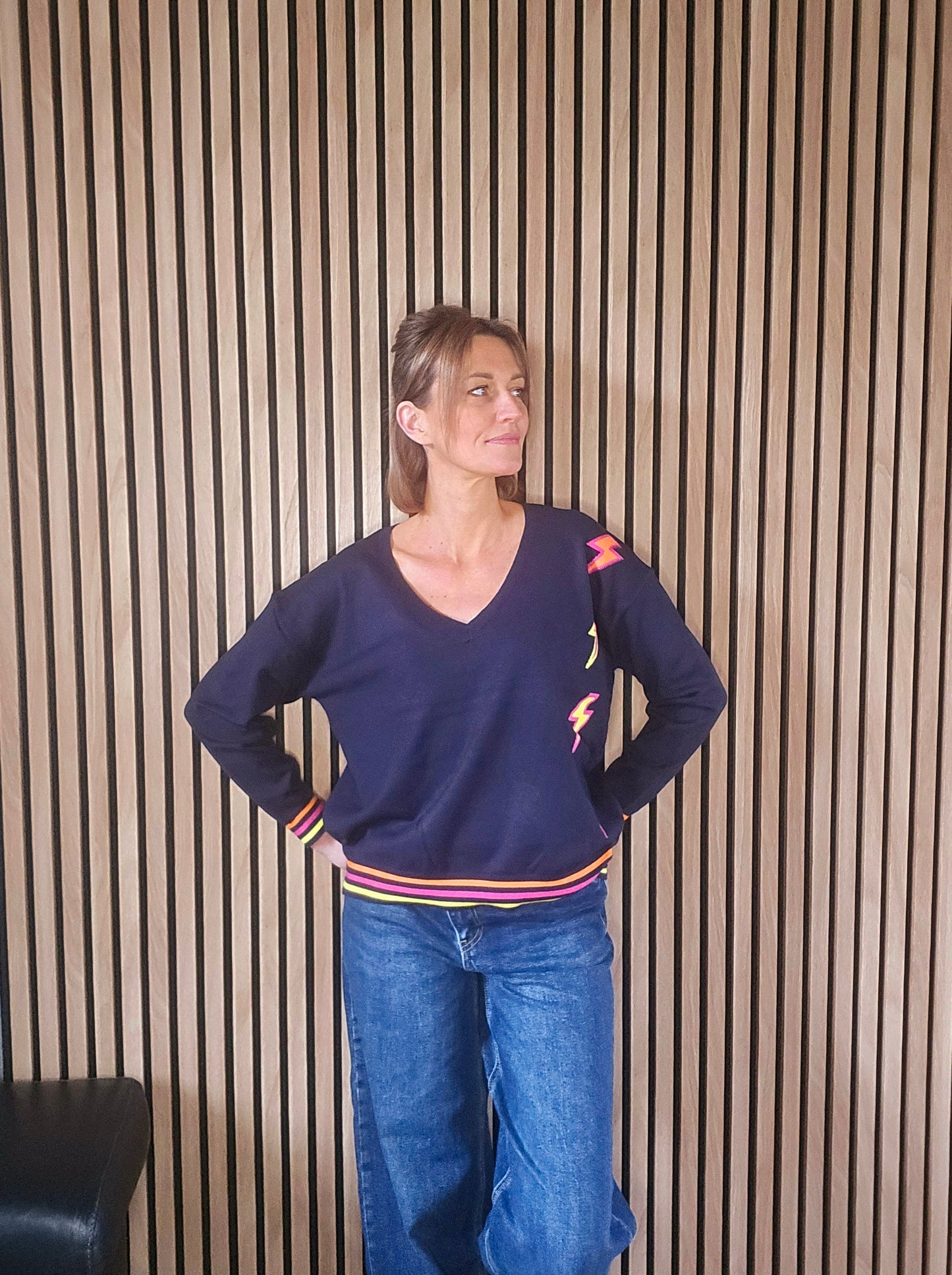 Pull col v éclairs Flash bleu marine