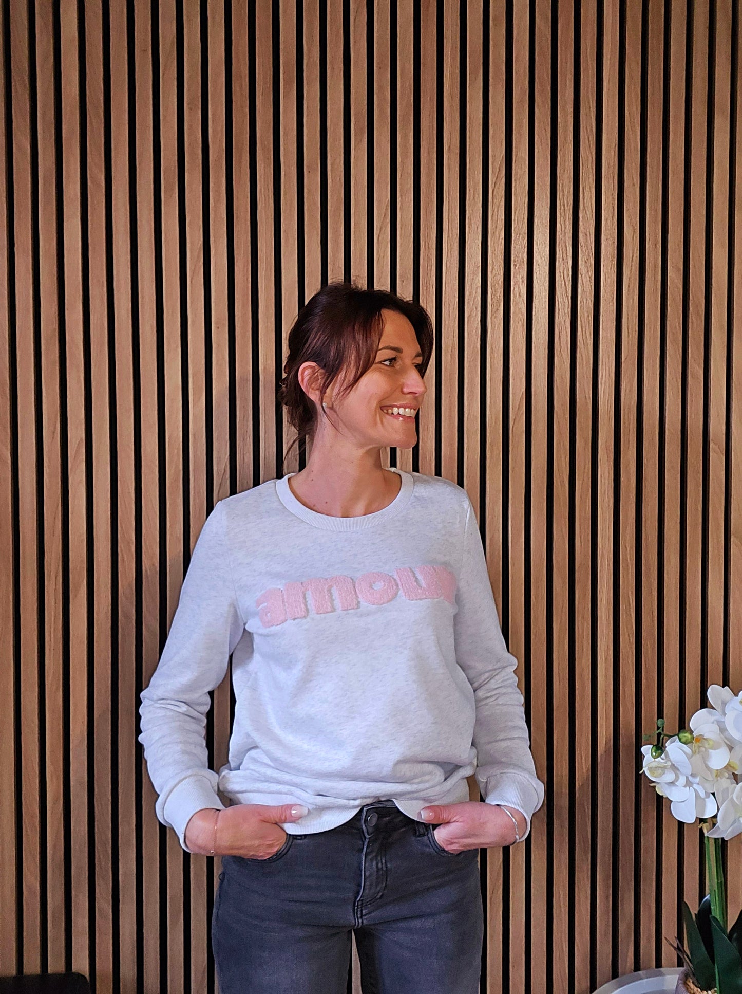 Sweat "Amour". Gris clair-rose clair