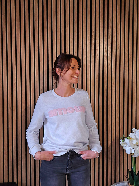Sweat "Amour". Gris clair-rose clair