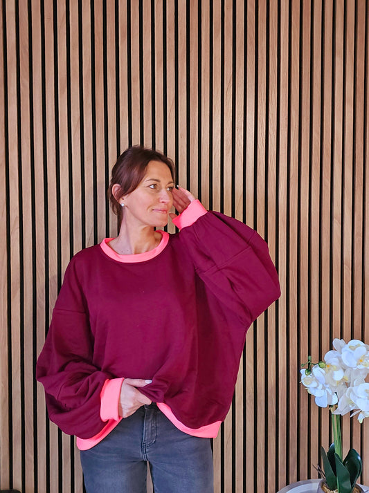 Sweat bicolore. Bordeaux et rose fluo