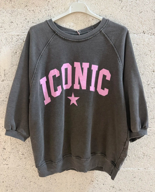 Sweat Iconic. Noir délavé/rose