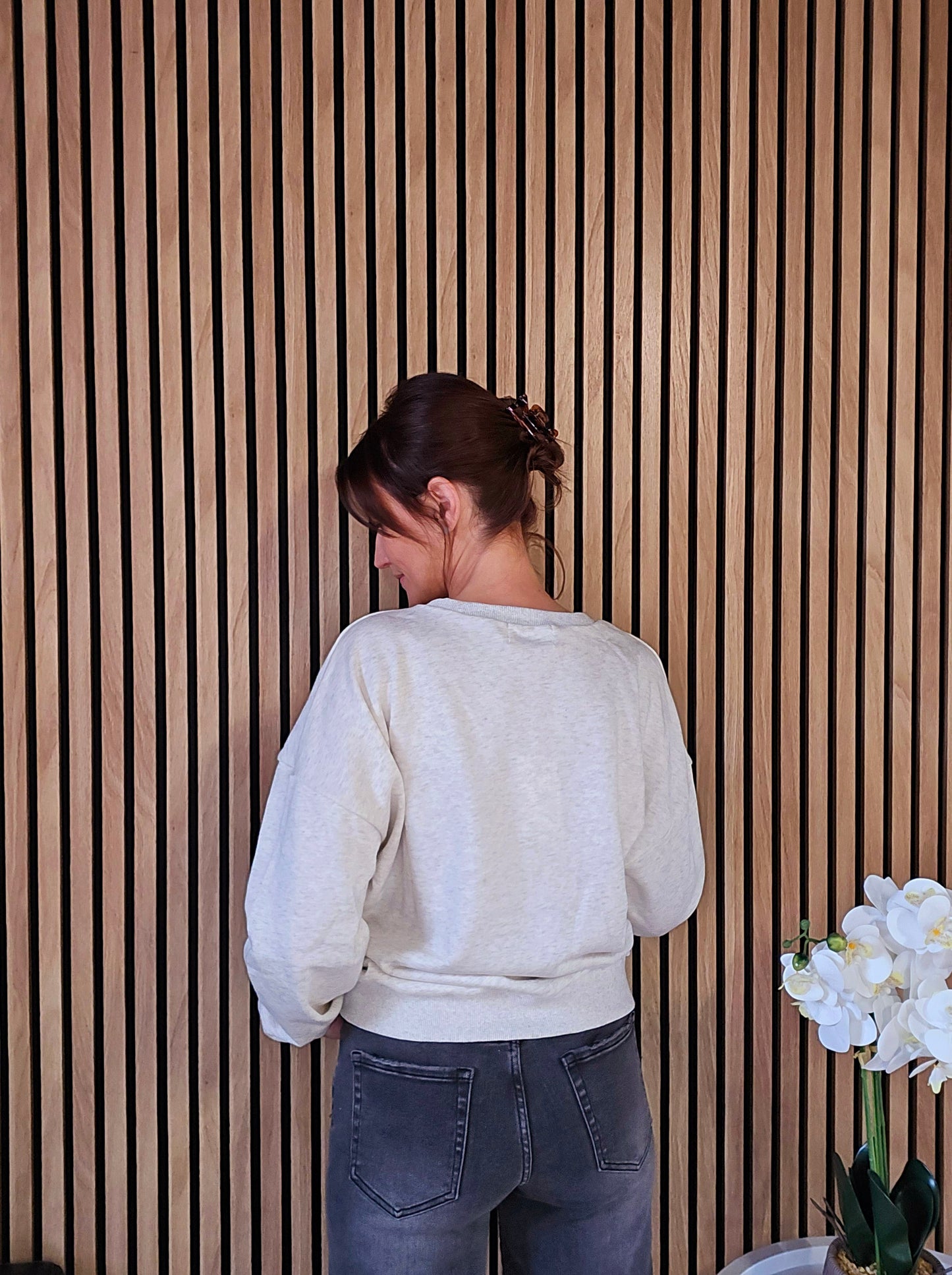 Sweat "Smile" fleurs. Beige chiné