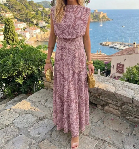 Ensemble haut et jupe imprimé  tulles. Vieux rose