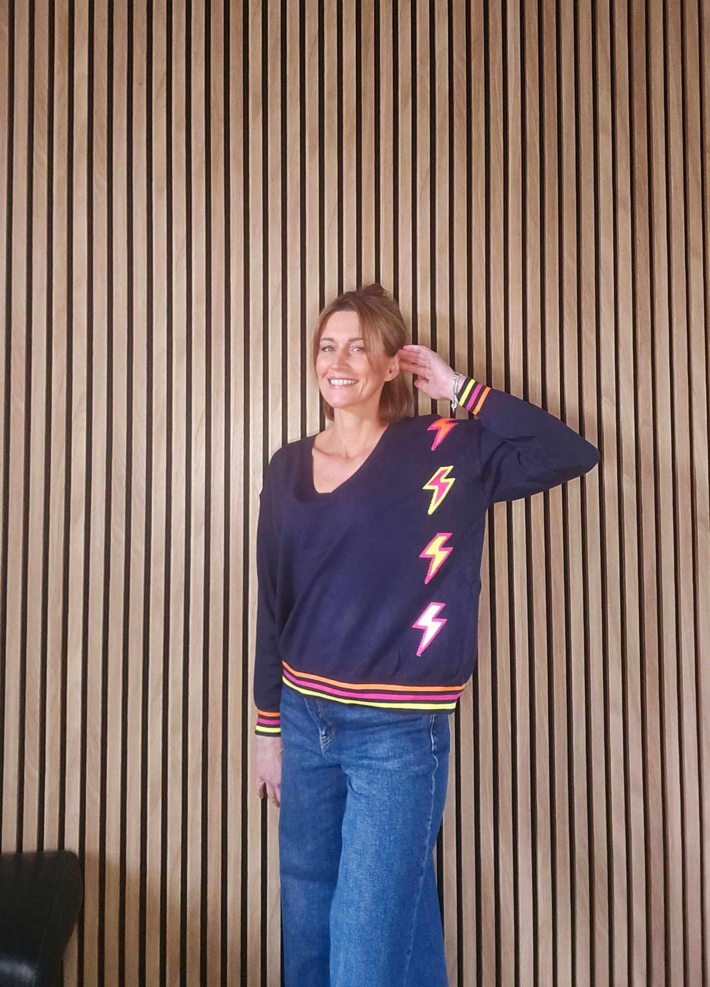 Pull col v éclairs Flash bleu marine