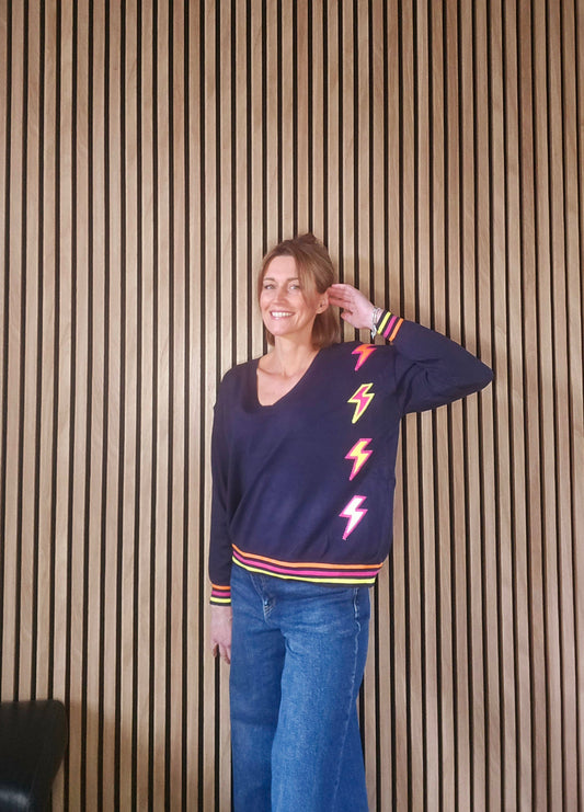 Pull col v éclairs Flash bleu marine