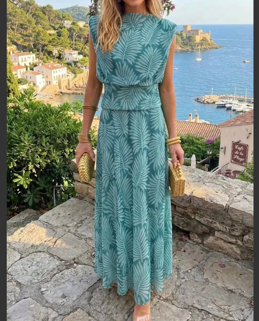 Ensemble haut et jupe imprimé en tulles. Vert d'eau