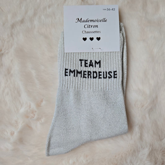 Chaussettes à paillettes "Team emmerdeuse" argentée