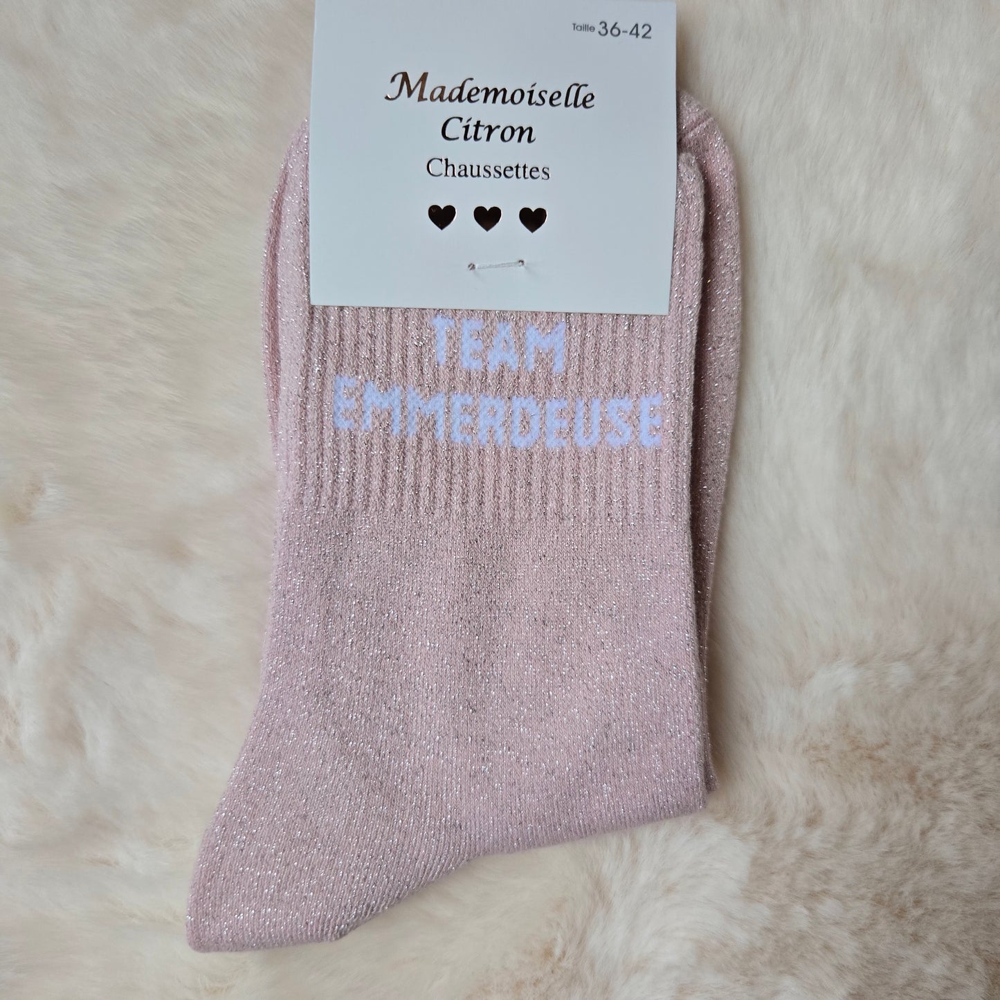 Chaussettes à paillettes "Team emmerdeuse" rose clair