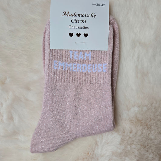 Chaussettes à paillettes "Team emmerdeuse" rose clair