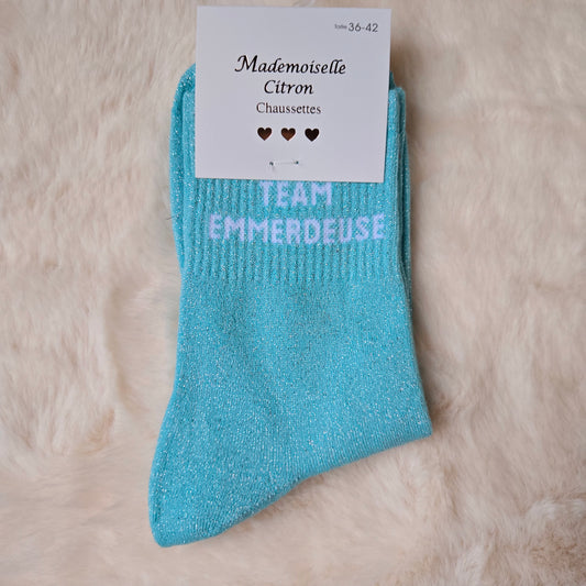 Chaussettes à paillettes "Team emmerdeuse" bleu