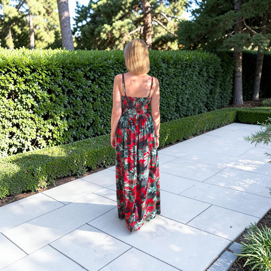 🌿 Robe longue imprimé tropical – élégance & légèreté. Rouge