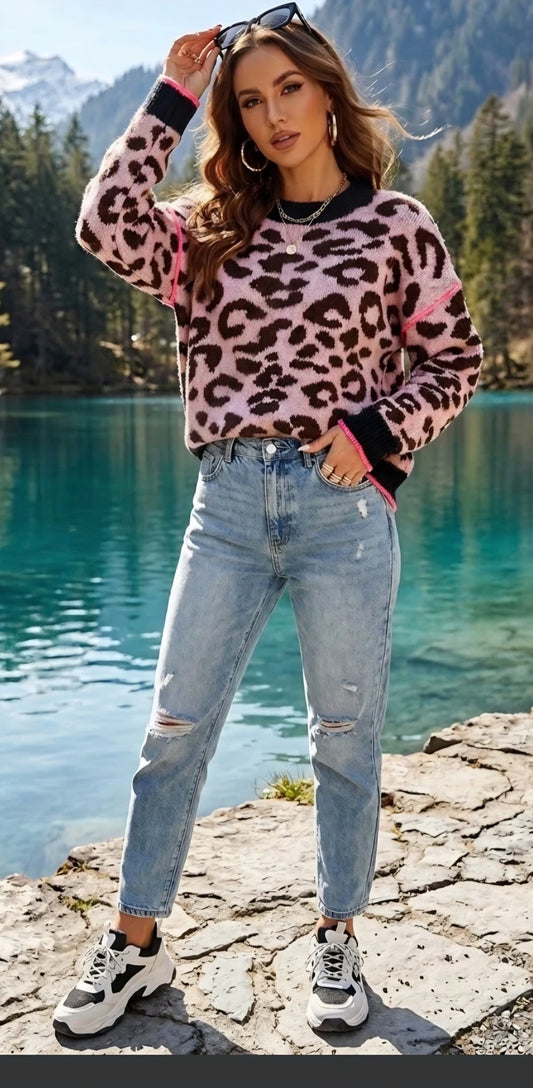 PULL COL ROND MOTIF LÉOPARD 🐆 rose