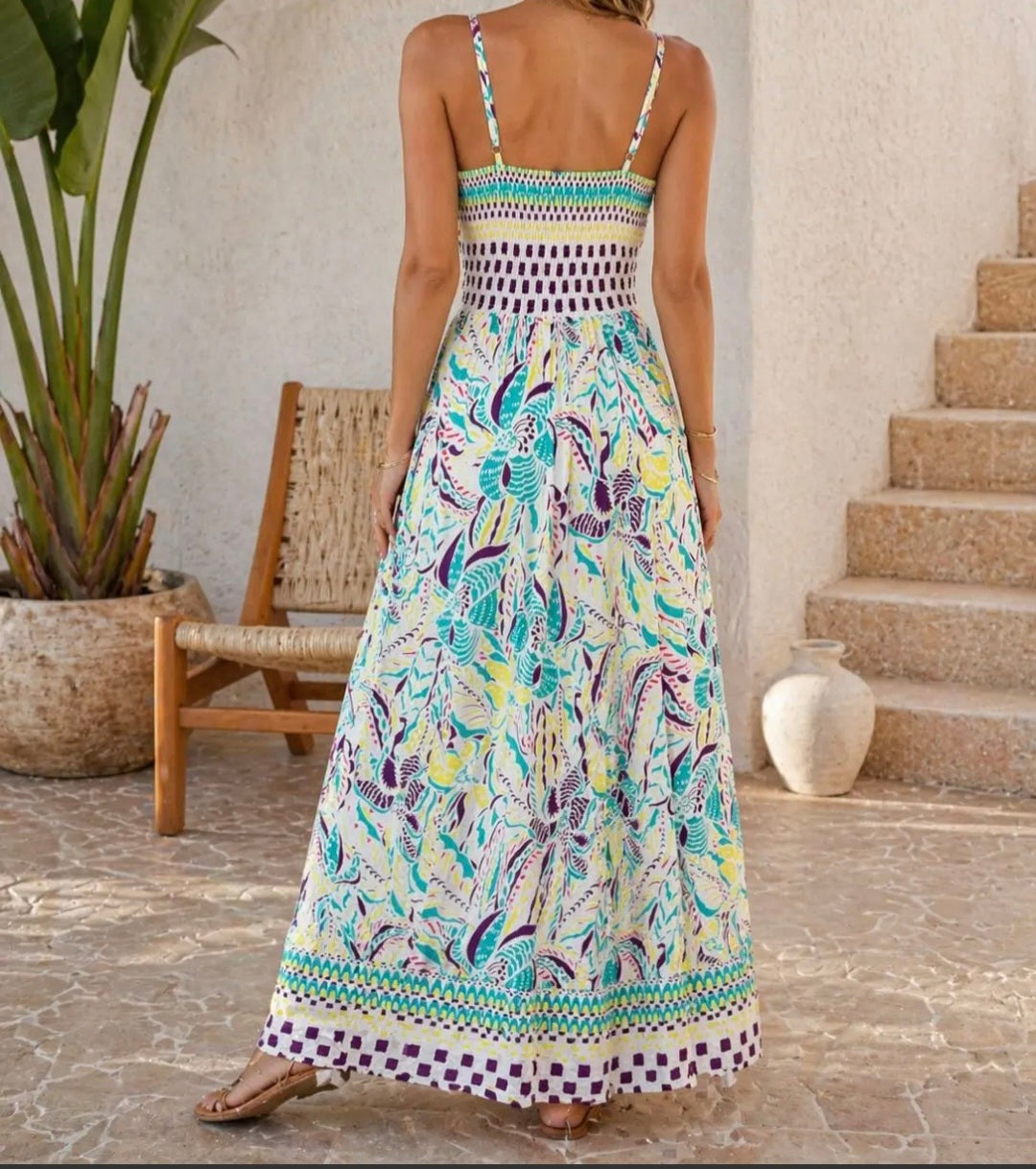 Robe Longue Fluide Imprimé Bohème. Bleu