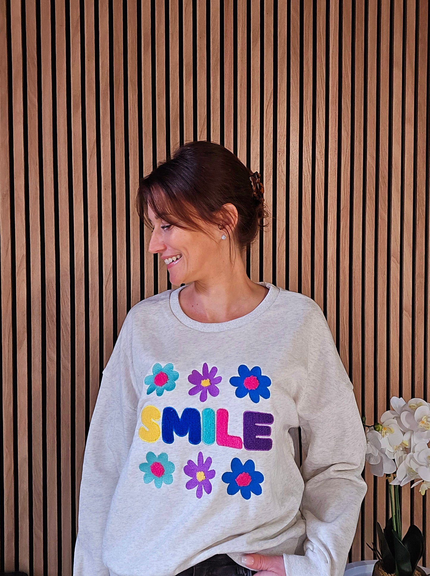 Sweat "Smile" fleurs. Beige chiné