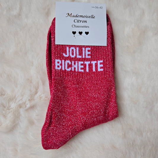 Chaussettes à paillettes "Jolie Bichette" rouge